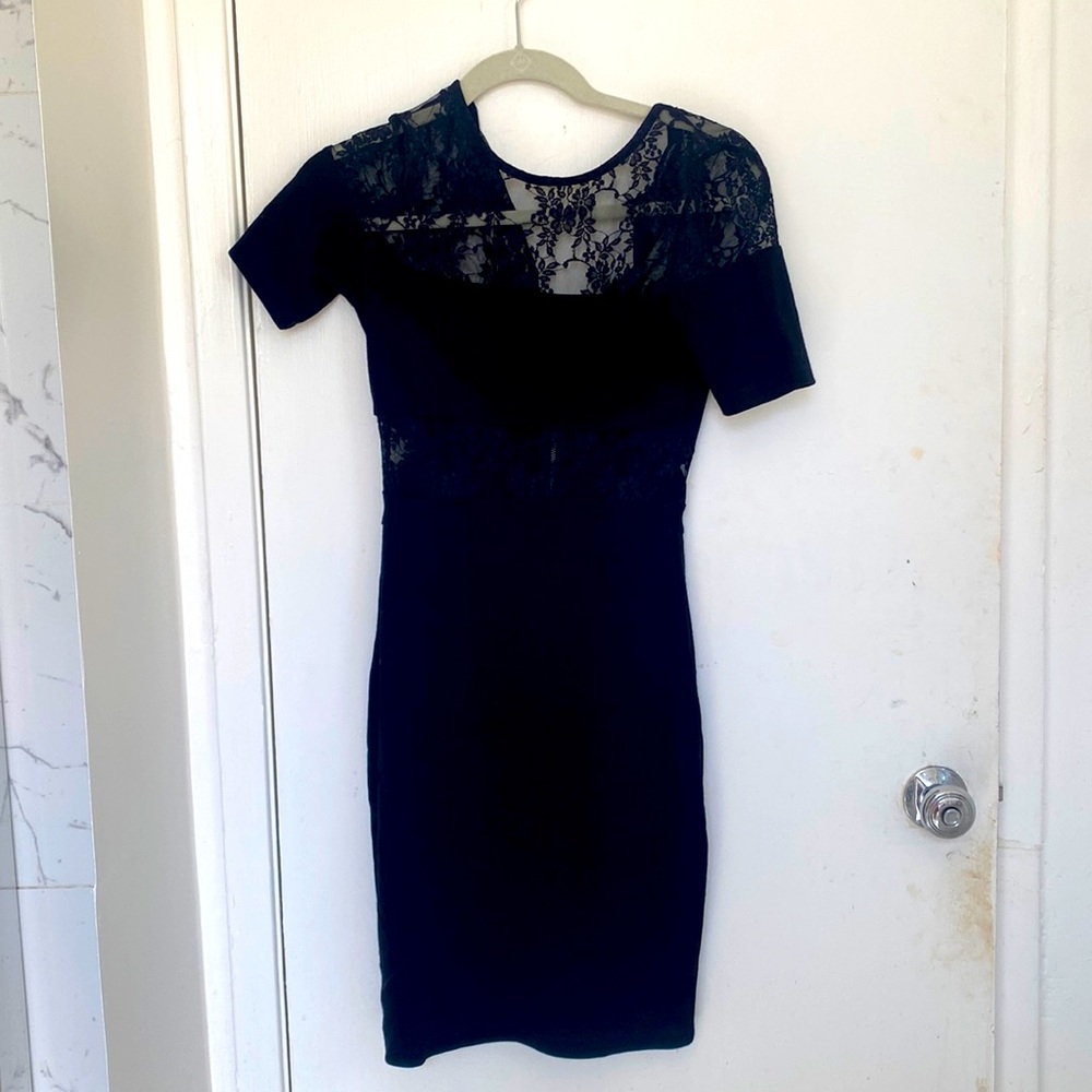 Black lace cut out French connection body con dress size 4